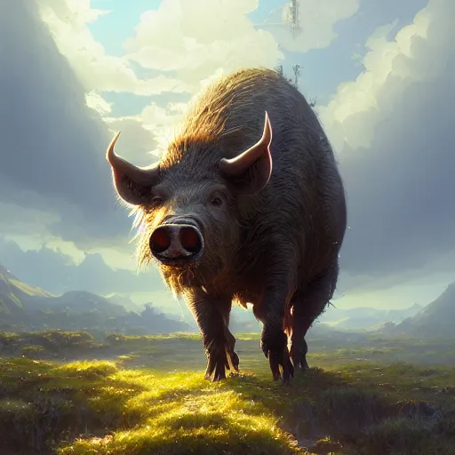 Image similar to highly detailed big boar, stephen bliss, unreal engine, fantasy art by greg rutkowski, loish, rhads, ferdinand knab, makoto shinkai and lois van baarle, ilya kuvshinov, rossdraws, tom bagshaw, global illumination, radiant light, detailed and intricate environment