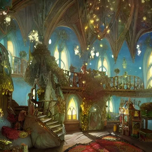 Image similar to a beautiful interior of a fairy castle, fully decorated, furnished with fairy furniture, fairy aesthetics, concept art, by greg rutkowski, alphonso mucha and elena dudina. high details, global illumination