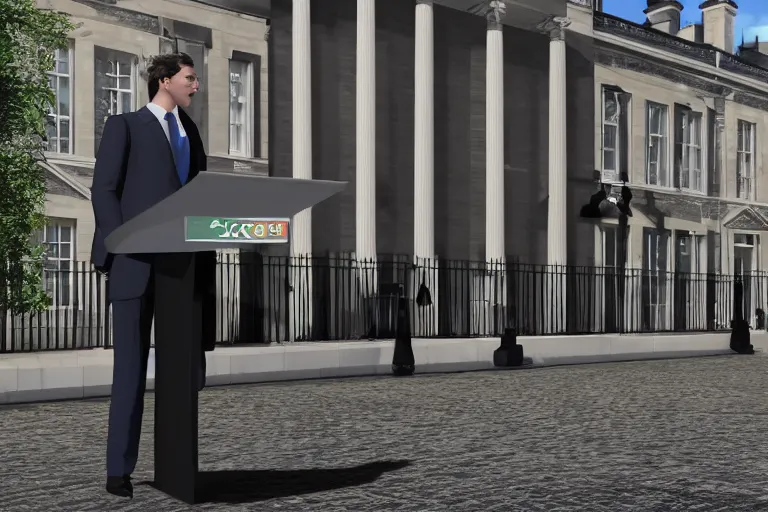 Image similar to giga chad in a suit giving a speech as prime minister, photorealistic, 8 k, 1 0 downing street background