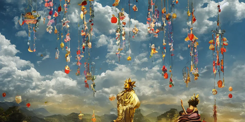 Image similar to painting of wind god enjoying the view from his stone heavenly palace, decorated with windchimes and paper lanterns, nature and clouds in background, digital art