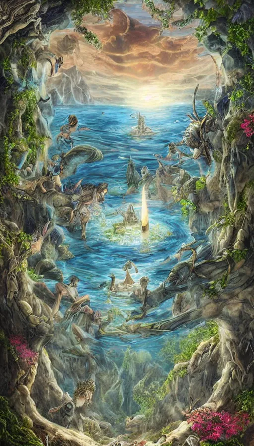 Image similar to A fantasy book style portrait painting of the Great Turtle Island at the center of the Universe, accompanied by a hybrid of, Anya_Taylor-Joy, Cory Chase, as a Mystical Valkyrie, Anubis-Reptilian, Atlantean Warrior, Cozy, hotspring hidden in a Cave, candlelight, towels, cushions, natural light, lush plants and flowers, elegant, smooth cave rock, fantasy, atmospheric lighting, digital painting, François Boucher, Oil Painting, Crisp clear resolution, unreal 5, DAZ, hyperrealistic, octane render, Regal, Refined, Detailed Digital Art, RPG portrait, William-Adolphe Bouguereau, Michael Cheval, Walt Disney (1937), Steampunk, Volumetric Golden dappled dynamic lighting, Highly Detailed, Cinematic Lighting, Unreal Engine, 8k, HD