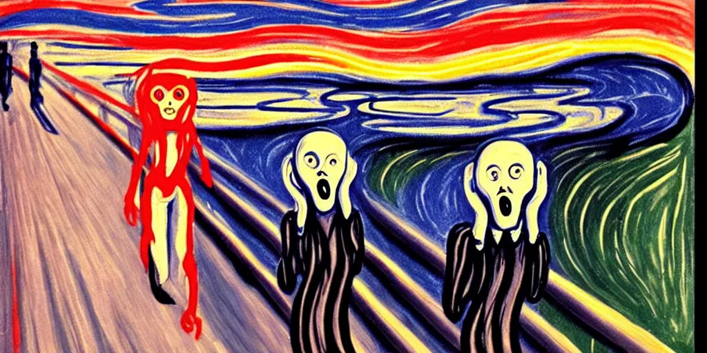 Image similar to The Scream painting with robot inspired by black widow by white night on art station