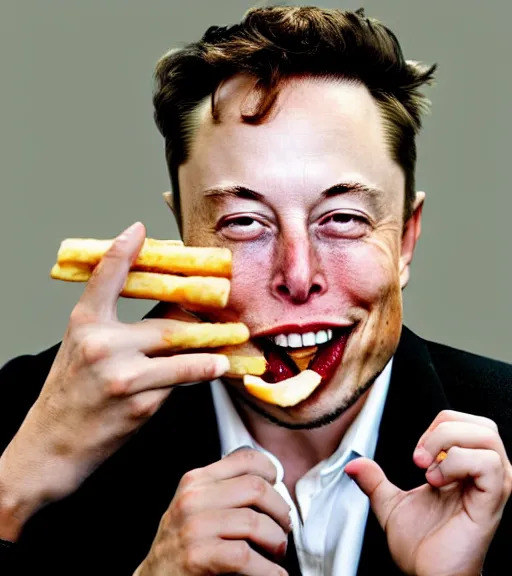 Image similar to an award winning photo of elon musk eating!! crayons!, crayons as french fries, gourmet restaurant, 4 k, high quality