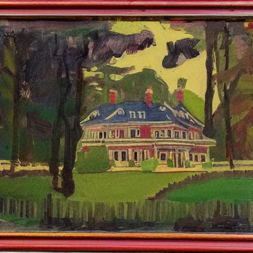 Image similar to the mansion in the woods, in the style of gifford beal,
