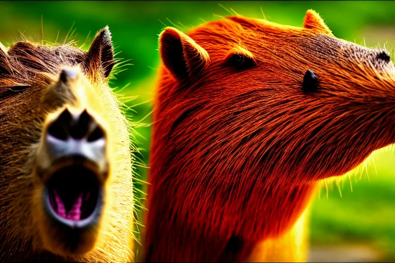 Image similar to two animals : a capybara and a dragon, a dragon growls at a capybara, many details, high quality, 8 k