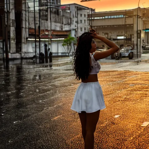Image similar to cinematic scene of a young mexican woman wearing a wet short white dress and looking up to the raining sky smiling with her arms stretched out in a cyberpunk city at sunset,