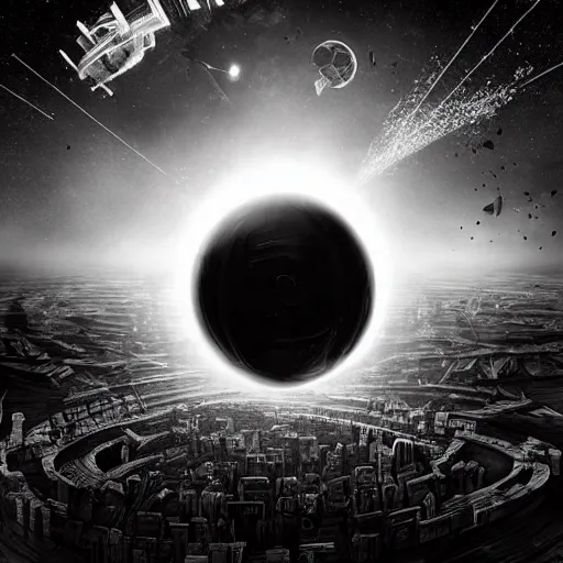 Image similar to black hole rising above city, city destroyed by shockwave, black hole with accretion disс, digital art, vector logo, sticker, black and white, art by stefan koidl, brock hofer, marc simonetti