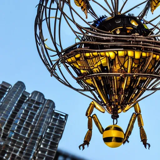 Image similar to giant mechanical wasps constructing a spherical city suspended in mid air