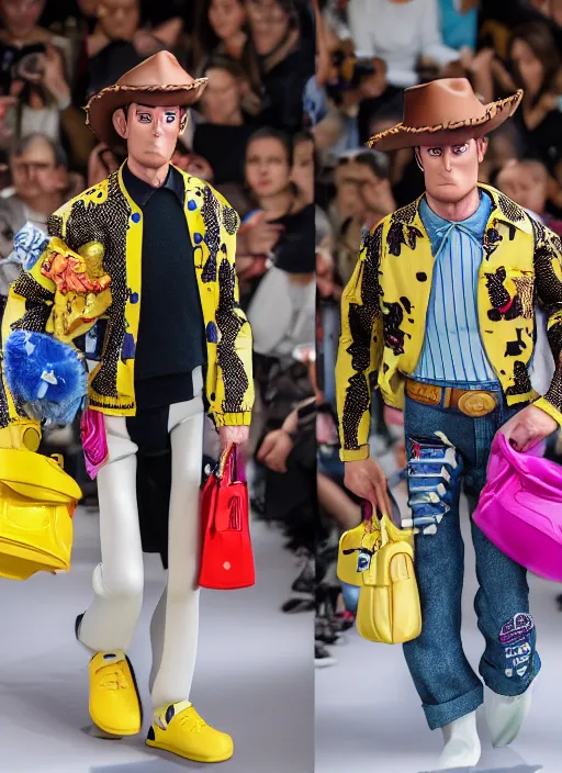 Image similar to hyperrealistic and heavy detailed balenciaga runway show of toy story, leica sl 2 5 0 mm, vivid color, high quality, high textured, real life