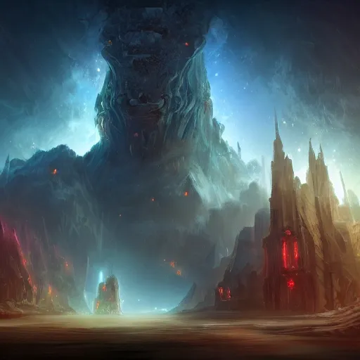 Prompt: a giant creature made out of nebulas rebuilding a city, dynamic lighting, photorealistic fantasy concept art, trending on art station, stunning visuals, creative, cinematic, ultra detailed