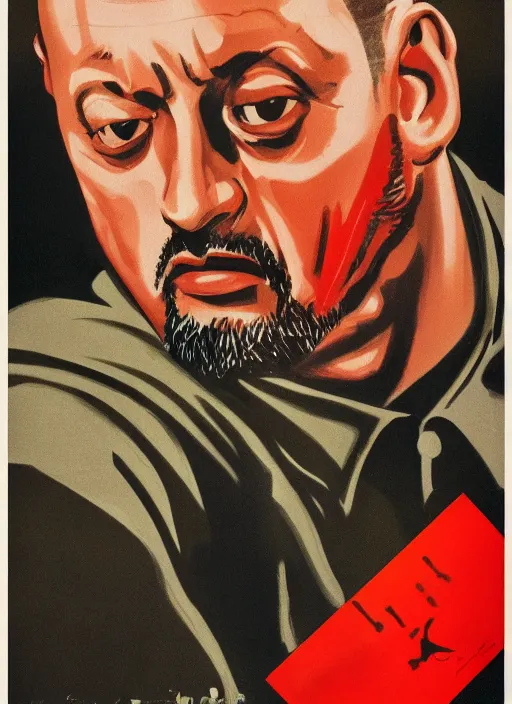 Image similar to Portrait Jean Reno gesture,look of hate, threatening pose, 1940s propaganda poster, full hd,highly detailed