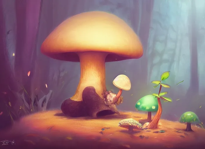 Prompt: a cute creature sitting next to a mushroom concept portrait, detailed, sharp focus, pastel, intricate, realistic, smooth, volumetric lighting, digital painting, by miyazaki