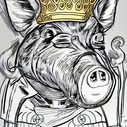 Image similar to detailed lineart comic book drawing of pig wearing a gold crown in the style of jim lee