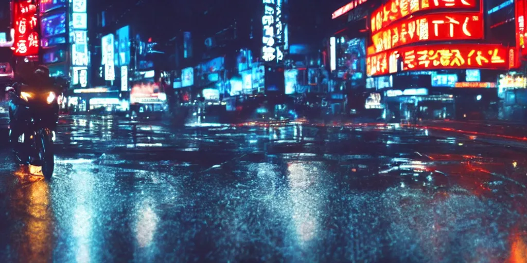 Image similar to a single sport bike, speeding down tokyo highway in the rain, night time, neon lights, thunderstorm, movie still from the film bladerunner