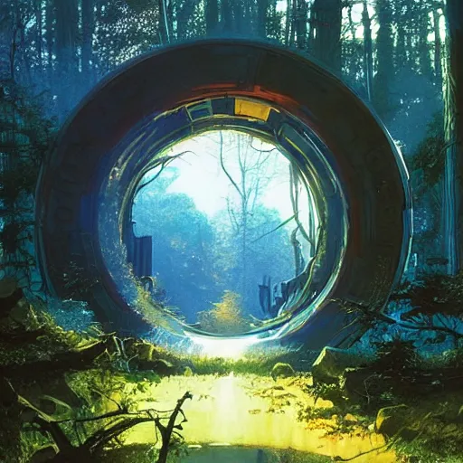 Prompt: floating derelict portal in a middle of a futuristic forest, world seen only through a portal, daylight, cinematic lighting, blue sky, syd mead, john harris