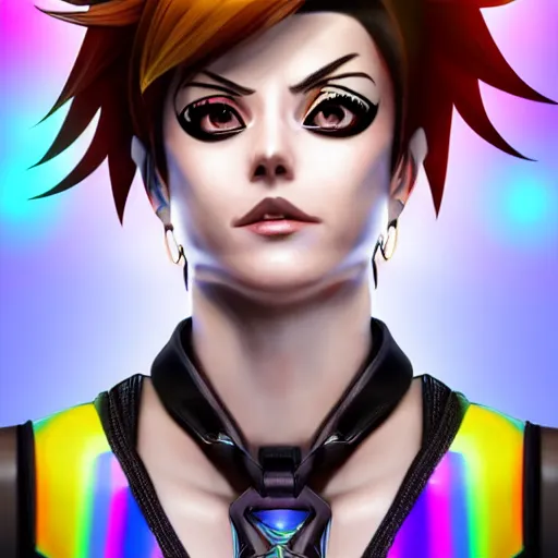 Image similar to portrait bust digital artwork of tracer overwatch, wearing black iridescent rainbow latex tank top, 4 k, expressive happy smug expression, makeup, in style of mark arian, angel wings, wearing detailed black leather collar, chains, black leather harness, detailed face and eyes,