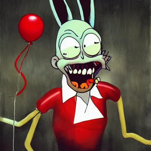 Prompt: grunge painting of bugs bunny with a wide smile and a red balloon screenshot from rick and morty, creepy lighting, horror theme, detailed, elegant, intricate, conceptual