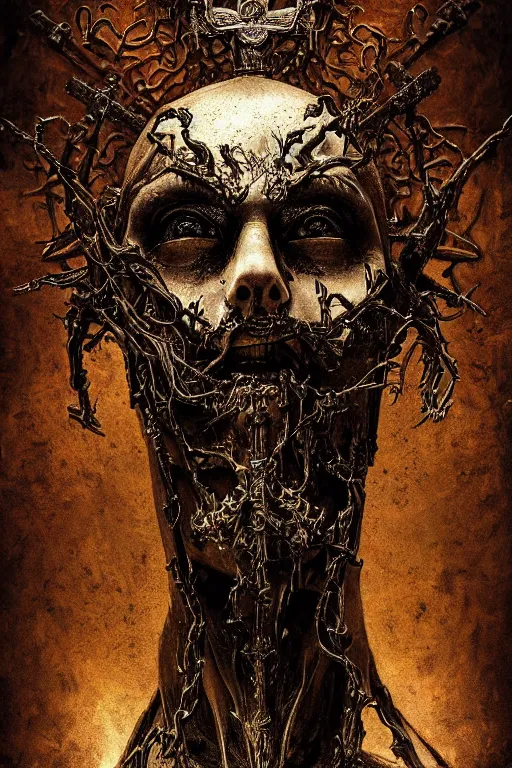 Prompt: portrait of crucifix undead lord in sinister ambience, in style of dark fantasy art, in style of Midjourney, stylized, detailed and intricate, mandelbulber fractal, elegant, ornate, horror, elite, ominous, haunting, beautiful digital painting, cinematic, cgsociety, H.R. Giger, Zdizslaw Beksinski, vivid chromatic colors and vibrant outlines