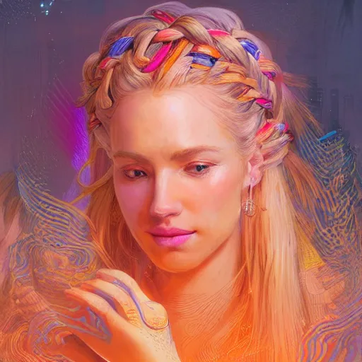 Prompt: Woman with blonde hair beautifully styled with colorful braids gesturing her well-detailed, intricately manicured hands toward the camera, with a white background, illustrated by Greg Rutkowski and Gaston Bussiere, gorgeous portrait image, vibrantly lush neon lighting, beautiful volumetric-lighting-style atmosphere, a futuristic atmosphere, intricate, detailed, photorealistic imagery, trending on artstation, 4k, 8k