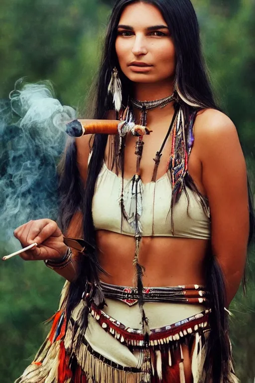 Prompt: photo of a beautiful native american indian woman, emily ratajkowski smoking a pipe of peace, portrait, skilled warrior of the apache, ancient, realistic, detailed