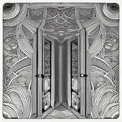 Image similar to “geometrically surreal doors, extremely high detail, photorealistic, intricate line drawings, dotart, album art in the style of James Jean”