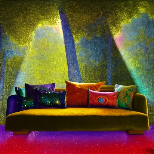 Image similar to psychedelic couch sofa in the lush pine forest, milky way, designed by arnold bocklin, jules bastien - lepage, tarsila do amaral, wayne barlowe and gustave baumann, cheval michael, trending on artstation, cinematic, star, sharp focus, colorful refracted sparkles and lines, soft light, 8 k 4 k