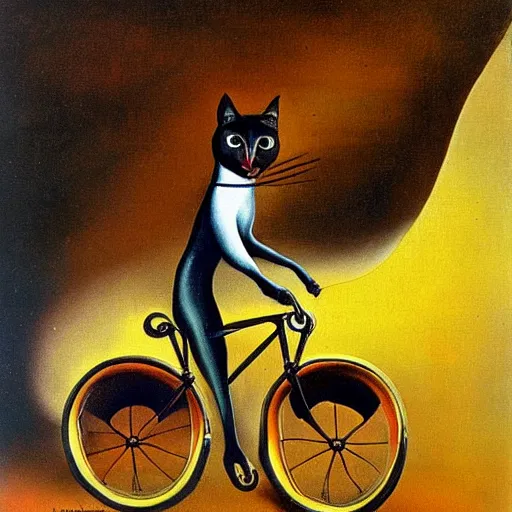 Prompt: a cat riding a bicycle, painting by salvador dali