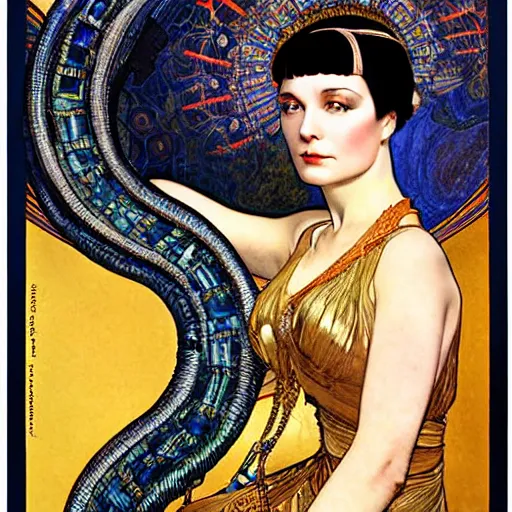 Image similar to louise brooks as cleopatra with coiled serpents beautiful detailed romantic art nouveau lithograph realistic portrait by alphonse mucha, yoshitaka amano, and gustav klimt, photorealism, hauntingly beautiful whirling clouds night sky spirals refined moody dreamscape, digital art