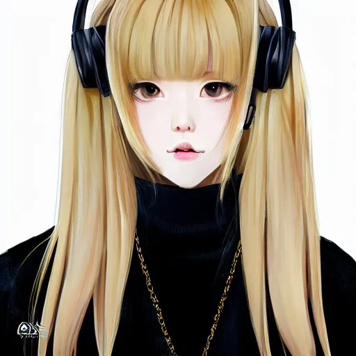 Image similar to realistic beautiful gorgeous natural cute Blackpink Lalisa Manoban blonde hair cute fur blonde cat ears wearing headphones wearing black leather choker in sweaters outfit golden eyes artwork drawn full HD 4K highest quality in artstyle by professional artists WLOP, Taejune Kim, Guweiz, ArtGerm on Artstation Pixiv