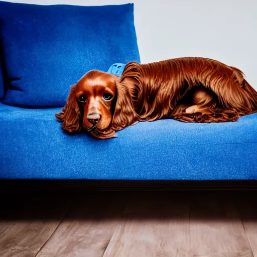 Prompt: a cute spaniel spread out on a plush blue sofa. Award winning photograph, soft focus, depth of field, rule of thirds, national geographic, golden hour, style of Vogelsang, Elke, symmetric