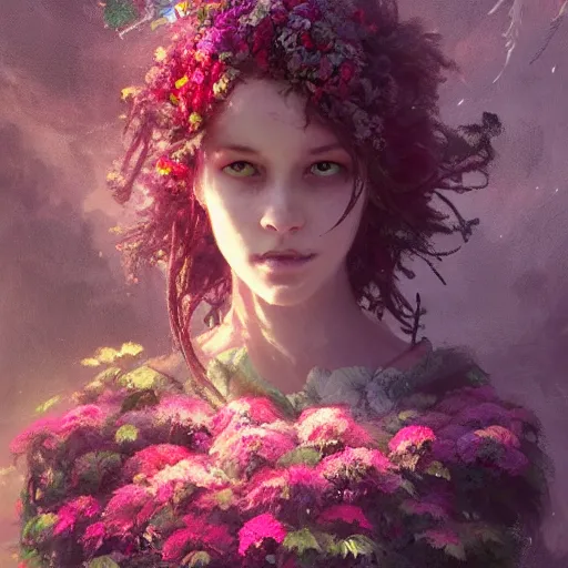 Image similar to a beautiful terrifying girl made of flowers. ethereal horror fantasy art by greg rutkowski and magali villanueve and monet, concept art, smooth, cinematic lighting, 8 k resolution