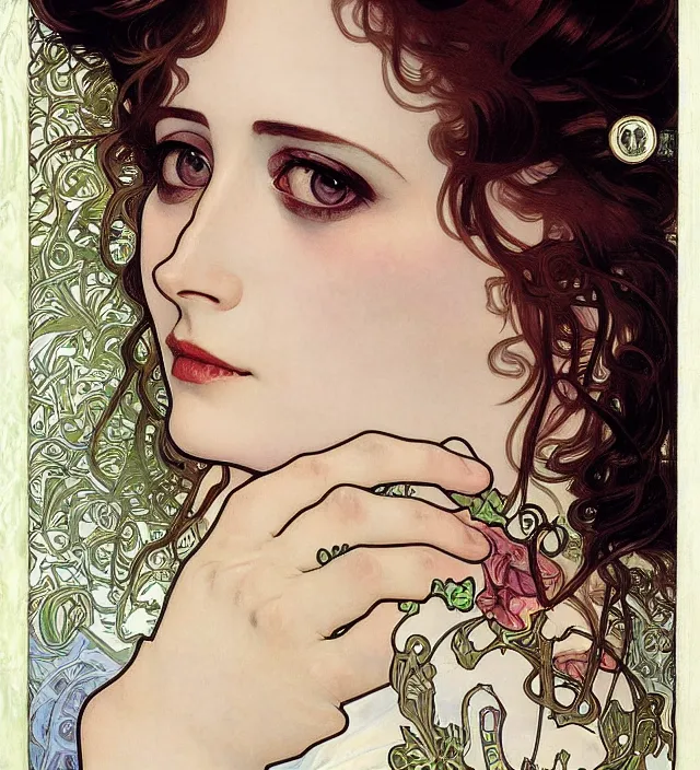 Image similar to detailed closeup of eva green by alphonse mucha, ayami kojima, yoshitaka amano