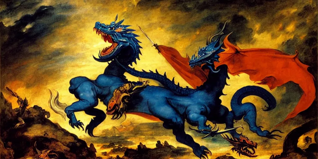 Prompt: knight holding a shield, fighting a dragon breathing fire, palette orange and blue, blue light behind dragon, realistic, rim lighting, cinematic lighting, art by eugene delacroix, raphael, peter paul rubens