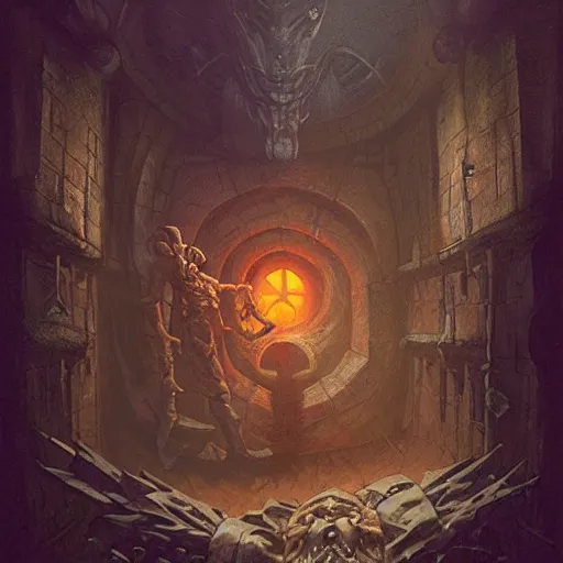 Image similar to beholder in a dungeon, d & d, fantasy, greg rutkowski, frank frazetta, alexandre chaudret, boris vallejo, michael whelan, miro petrov, hr giger, magali villeneuve, donato giancola