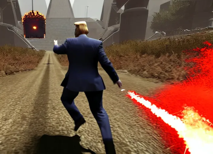 Prompt: Donald Trump in a screenshot of the video game doom, Donald Trump is running