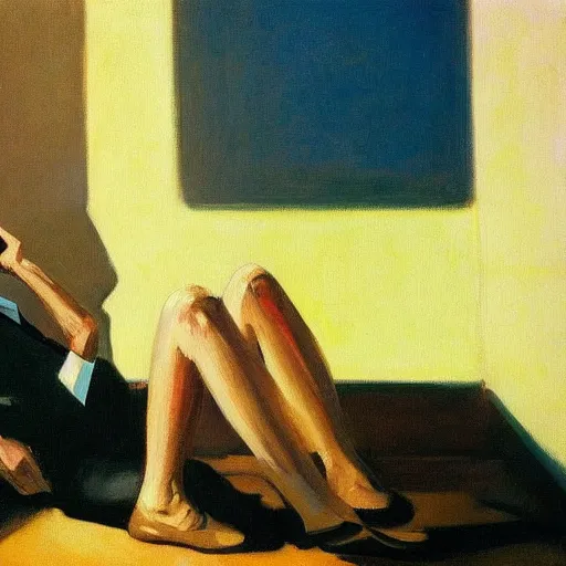 Prompt: A detailed painting by Edward Hopper of a KGB agent sitting in a sunlit room of a soviet blockhouse