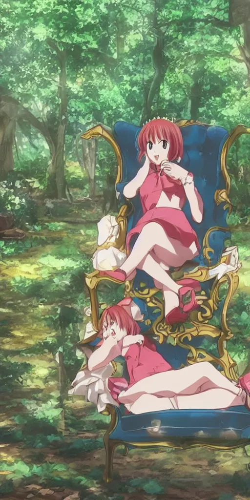 Image similar to a queen of good vibes sitting by herself on a sofa in a forest, drawn by CloverWorks,