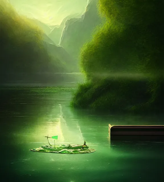 Prompt: cardboard box floating down a river, cinematic, foam, elegant, green river banks, highly detailed, psychedelic, digital painting, artstation, smooth, hard focus, illustration, art by jessica rossier and and brian froud