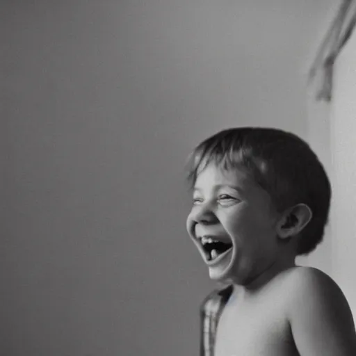 Image similar to an old photograph of a child on the ceiling with a wide grin and spider legs