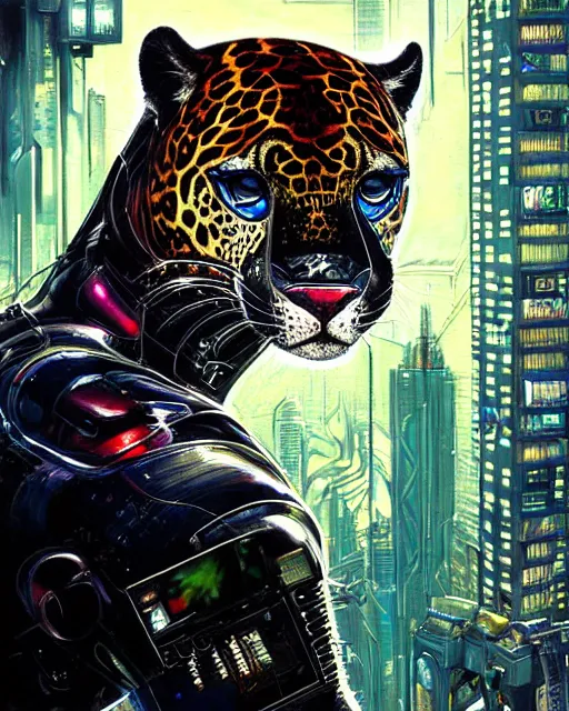 Image similar to a portrait of an anthropomorphic cyberpunk jaguar by sandra chevrier, by jon foster, detailed render, tape deck, epic composition, cybernetics, 4 k realistic, cryengine, realistic shaded lighting, sharp focus, masterpiece, by enki bilal