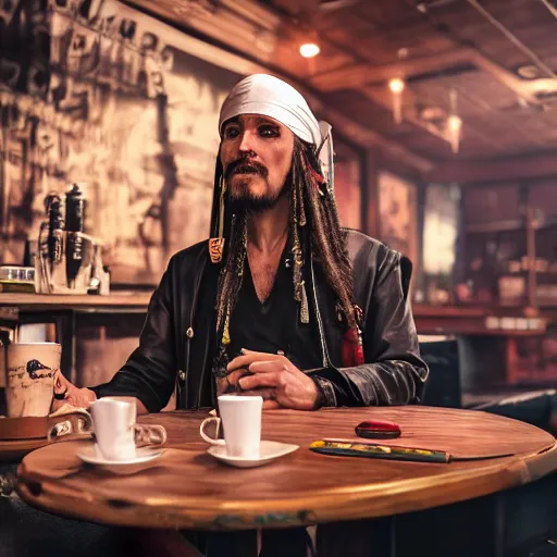 Image similar to a high quality portrait of a pirate in a cyberpunk cafe realism 8k