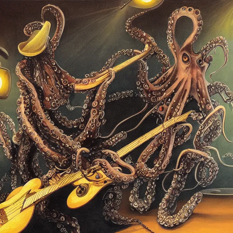 Image similar to a beautiful painting by gerald brom of a couple of octopus playing drums and telecaster guitar in an electronic concert, black background, concert light, dark mood, warm lights