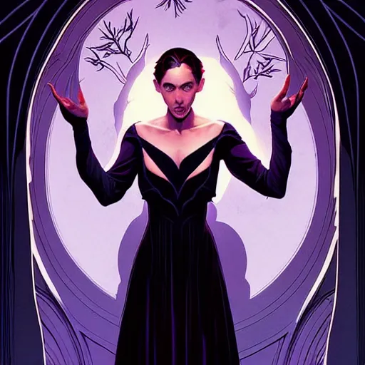 Image similar to beautiful stella maeve magician, black magic spells, in the style of joshua middleton, rafeal albuquerque comicbook cover art, phil noto, creepy pose, spooky, symmetrical face and body, volumetric lighting, cinematic lighting, detailed realistic symmetrical eyes, insanely detailed and intricate elegant, autumn leaves, artgerm