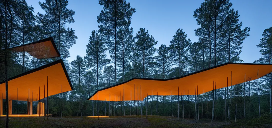 Image similar to faceted roof planes lift and descend creating shade and architectural expression, highly detailed, situated in the forest, next to a highly reflective lake, at dusk, vivid color