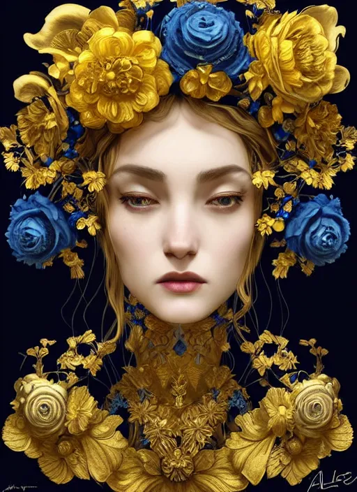 Image similar to beautiful black blue yellow, complicated gold and blue flowers in baroque style headwears, dark fantasy, intricate, elegant, highly detailed, digital painting, artstation, concept art, matte, 3 d 8 k octane rendered, sharp focus, illustration, octane rendered, art by artgerm and alphonse mucha, leesha hannigan