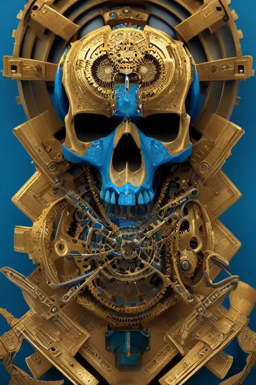 Prompt: conceptart 3 d render skull, the skull is decorated with art deco gears patterns, hyperrealistic, volumetric lighting, ultra detailed, elegant, octane render, blue and gold, 8 k, trending on artstation, unreal engine