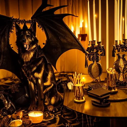 Prompt: gothic ritual with many golden candles, german shepherd with dragon wings in gothic makeup performing ritual, gloomy, candlelight, intricate detail faces, fireplace wide angle shot photograph