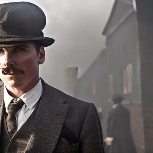 Image similar to Christian Bale in Peaky Blinders, cinematic film still