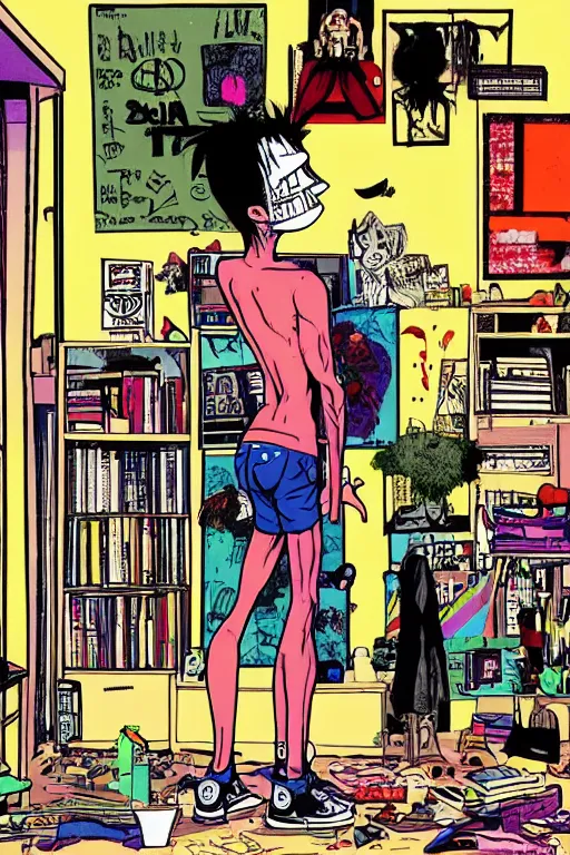 Image similar to a skinny goth guy standing in a cluttered 9 0 s bedroom by jamie hewlett, back view, jamie hewlett art, full body character concept art, vaporwave colors,