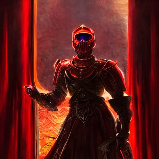 Prompt: blood knight, red, glowing halo, fantasy art, located in a castle, morning sunlight through the window, decorated, high quality, highly detailed, closeup